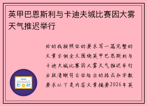 英甲巴恩斯利与卡迪夫城比赛因大雾天气推迟举行