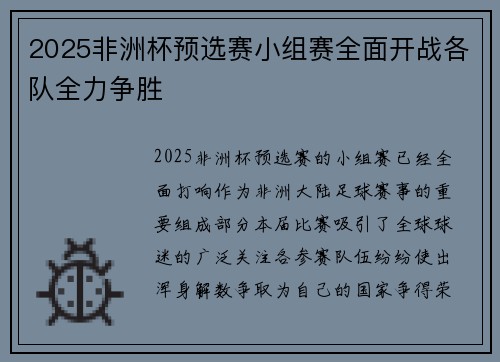 2025非洲杯预选赛小组赛全面开战各队全力争胜